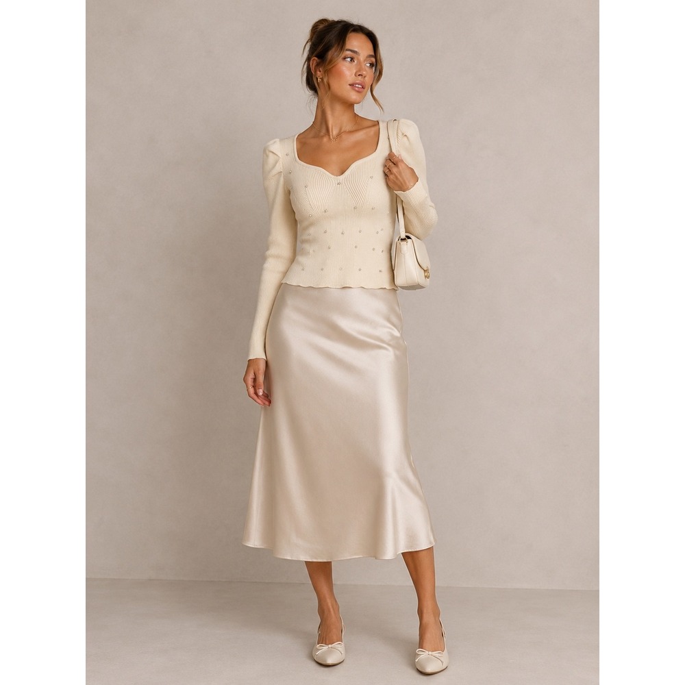 Coquette Rhinestone Sweetheart Ribbed Sweater Top XS Cream Puff Sleeve Romantic